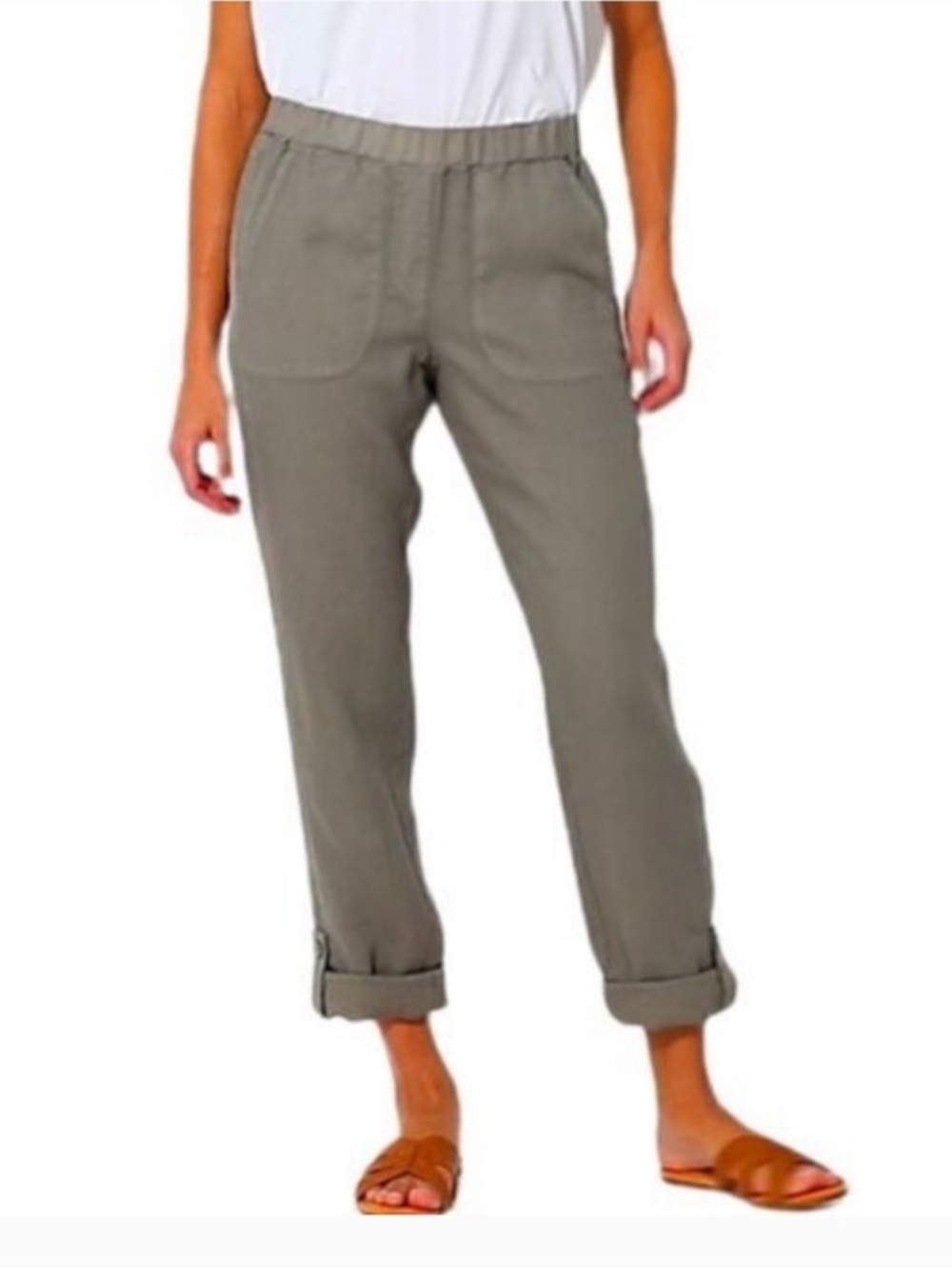 J. Jill Pure Jill Garment Dyed Linen Roll Tab Crop Pants Green Lagenlook L